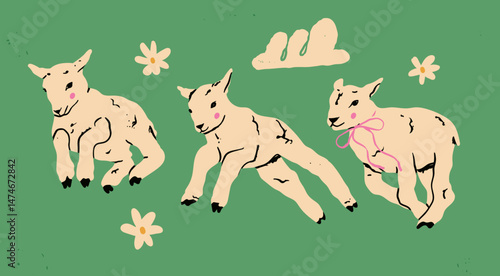 Cute little lambs. Sheep in jumping, running movement. Hand drawn Vector illustration. Count sheep, farm concept. Print, postcard, invitation design template. Isolated elements