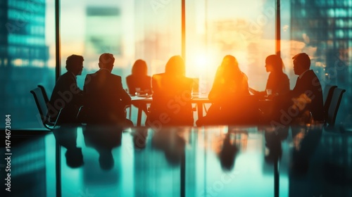 Silhouetted Business Meeting at Sunset in Modern Skyscraper