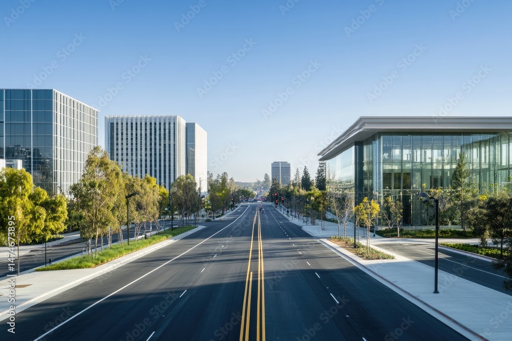 Fototapeta premium Urban road view with modern office buildings, green trees, and clear blue sky