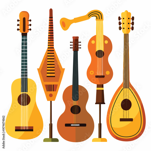 Six classic acoustic instrument isolated on white background