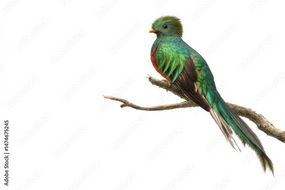 Fototapeta premium Resplendent Quetzal perched on a branch. Vibrant green, red, and black plumage against a white background.