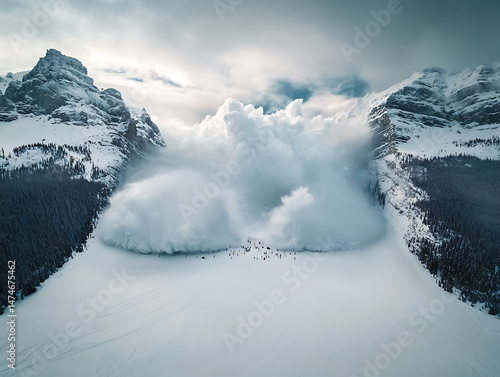 Avalanche over frozen lake with mountains.