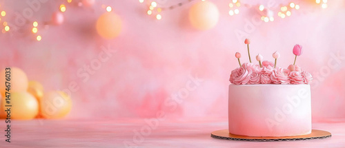 Delicate pink cake with floral decorations and soft background