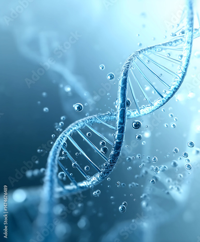 3D DNA Strand with Water Droplets on Blue Background
