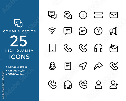 Chat and Communication Line Icons – Editable Stroke Vector Set of Dialogue, Conversation, and Messaging Symbols