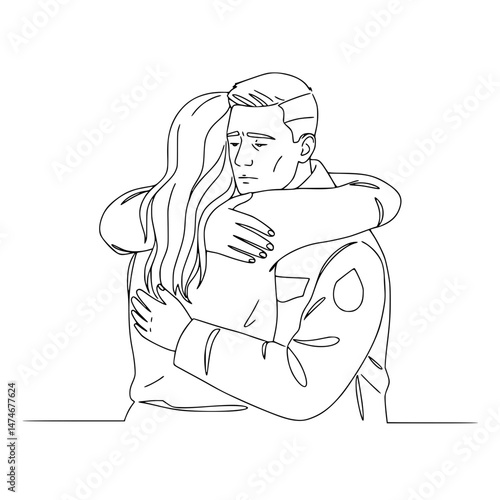 Embracing Couple Celebrating Veteran's Homecoming in Line Drawing  