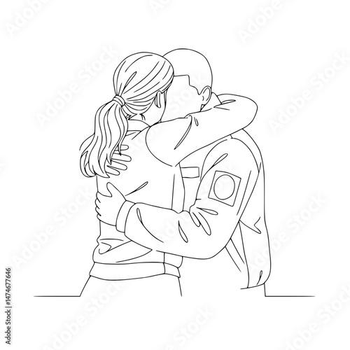 Soldier embraces woman, returning home, line drawing, transparent background  