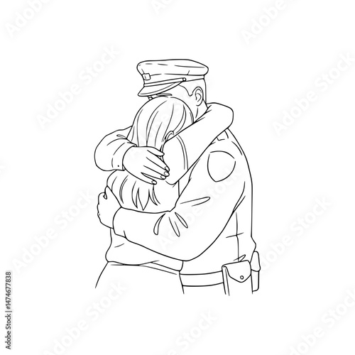 Soldier embracing daughter, returning home, line drawing, transparent background  
