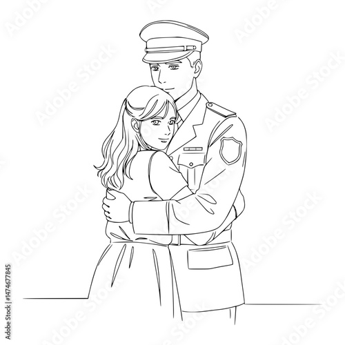 Military Man Embracing Daughter in Linear Drawing on Transparent Background  