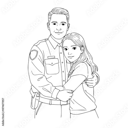 Soldier embracing daughter, returning home, line drawing, transparent background  