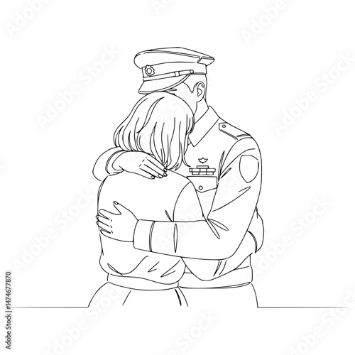 Soldier embraces woman in a heartfelt reunion line drawing, transparent background  