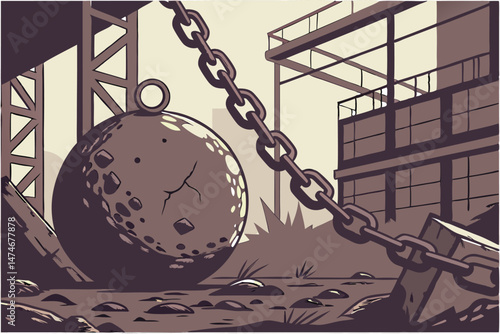 64 wrecking ball, rusty metal, worn, weathered, decaying, heavy chain, hanging, suspended, industrial, dark, gritty, cinematic, dramatic, moody, distressed, abandoned, apocalyptic