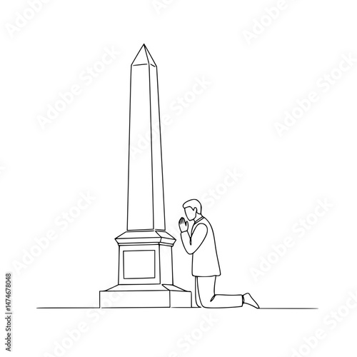 Person praying beside an obelisk in a minimalist line drawing, transparent background  