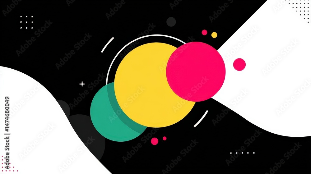 Obraz premium Colorful Geometric Shapes with Bright Circles on a Black Background for Modern Design Projects