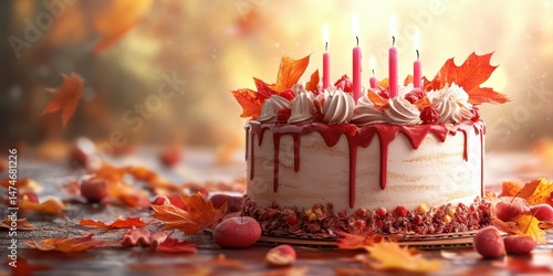 Celebratory autumn cake adorned with leaves and candles, set in a cozy atmosphere during fall season