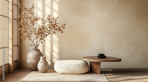 Japandi Themed Room with Pouf and Low Table
