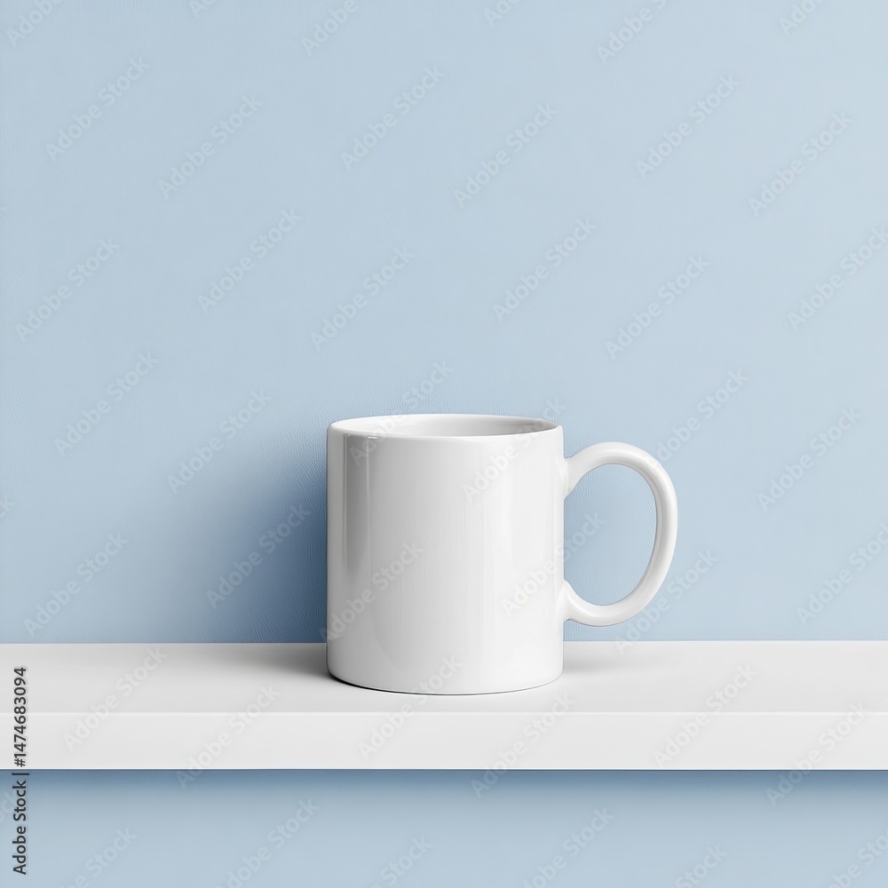 Obraz premium Ceramic coffee cup on shelf minimalist interior studio setting soft blue background
