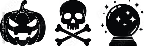 Three halloween icons set with carved pumpkin skull crossbones and crystal ball fortune teller black silhouettes for spooky season design elements