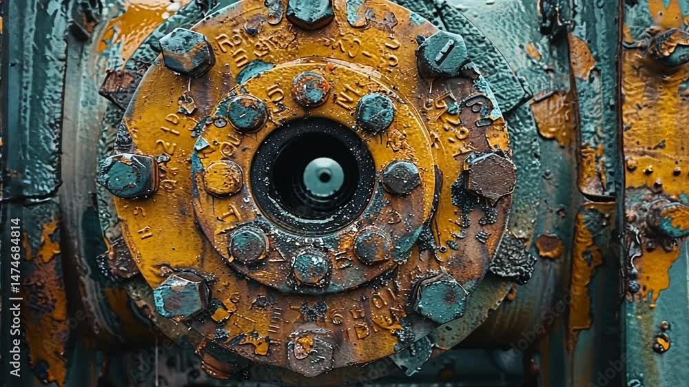Close-up of a weathered industrial valve with rust