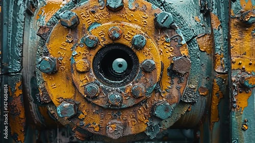 Close-up of a weathered industrial valve with rust