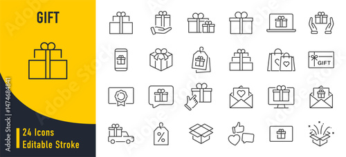 Gift web icons in line style. Bonus, award, prize, discount, birthday, gift box, collection. Vector illustration.