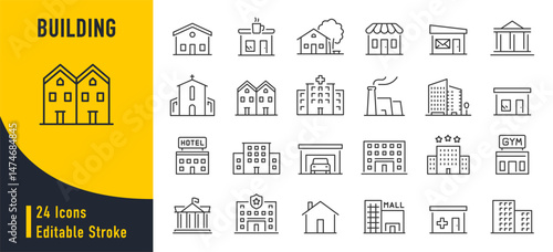 Building web icons in line style. Hotel, hospital, apartament, city, town house, mall, coffee, collection. Vector illustration.