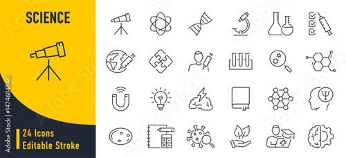Science web icons in line style. Genetics, biology, chemistry, astronomy, logics, psychology, medicine, collection. Vector illustration.