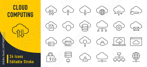 Cloud computing web icons in line style. Cloud technology, data center, connection network, digital service, database platform, collection. Vector illustration.