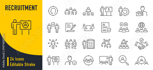 Recruitment web icons in line style. Headhunting, career, resume, work group, candidate, job hiring, collection. Vector illustration.