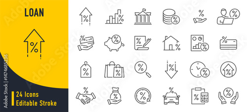 Loan and Credit web icons in line style. Credit card, deposit, car leasing, rate interest, calculator, income, rating, collection. Vector illustration.
