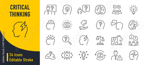 Critical thinking web icons in line style. Facts, think, analyzing, problem-solving, rational, decision making, collection. Vector illustration.