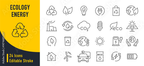 Ecology and Energy web icons in line style. Nature green, electric car, organic, renewable energy, green technology, environmental energy collection. Vector illustration.