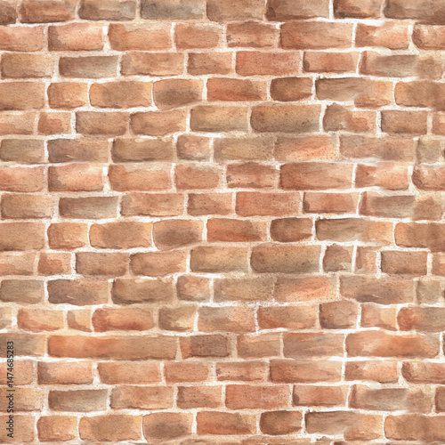 Seamless pattern of natural red brick wall with textured bricks. Brickwork. Stone wall. Old garden clipart. Hand-drawn watercolor illustration. For scrapbooking paper, textile, wallpapers