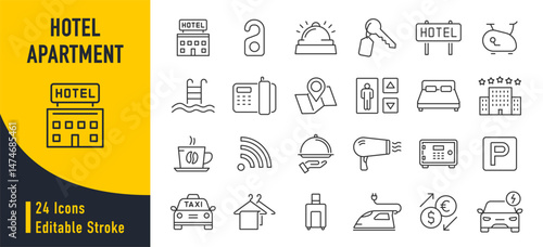 Hotel and apartament web icons in line style. Rental, reservation, hotel booking, room, parking, travel, service, airport, collection. Vector illustration.