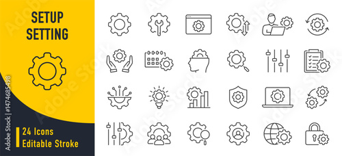 Setup and Settings web icons in line style. Options, download, update, configuration, gears, optimization, collection. Vector illustration.
