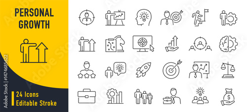 Personal growth web icons in line style. Growth profit, career progress, business people, strategy, coaching, tutorship, collection. Vector illustration.