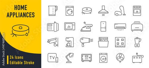 Home Appliances web icons in line style. Household appliance, vacuum cleaner, refrigerator, TV, cooking, entertainment, conditioning, dishwasher, collection. Vector illustration.
