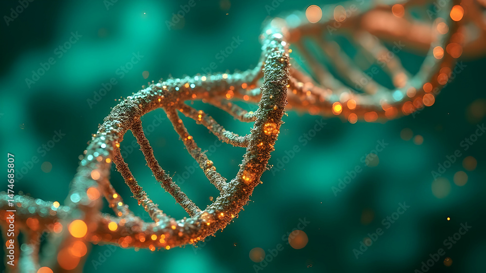 Intricate 3D DNA Strand Model Illuminated with Vibrant Green and Orange Light with Holographic Displays Showing Cancer Genomic Sequencing Intricate 3D DNA Strand Model Illuminated with Vibrant Green and Orange Light with Holographic Displays Showing Cancer Genomic Sequencing