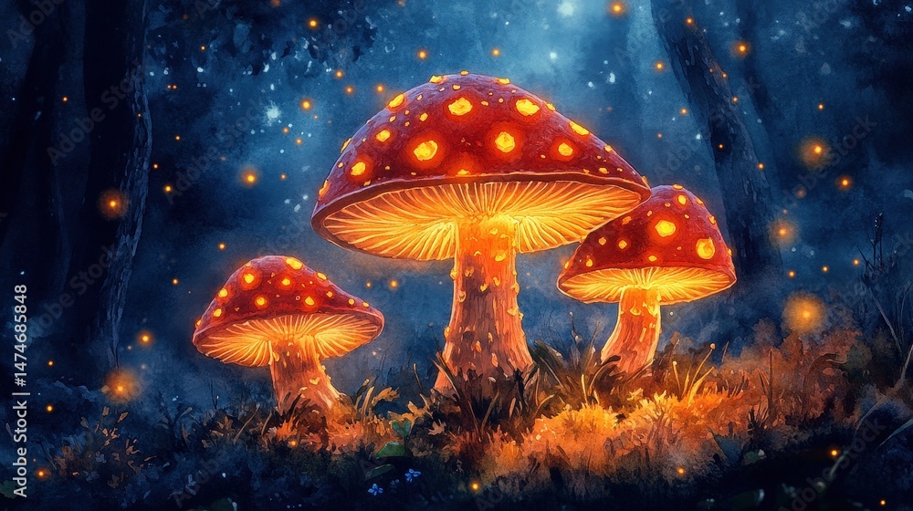 Fototapeta premium Enchanting mushroom illuminated by fireflies in a dark, mystical forest setting at dusk