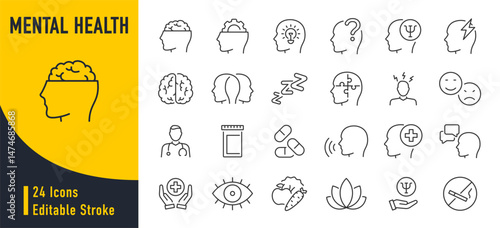 Mental health web icons in line style. Depression, psychotherapy, psychological, bipolar, negative thinking, obsession, collection. Vector illustration.