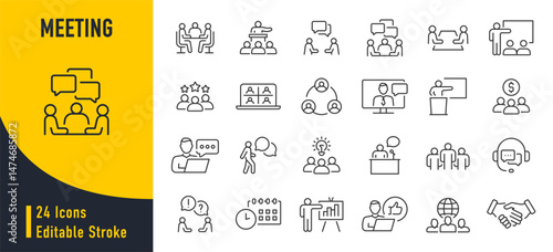 Meeting web icon set in line style. Conference, team, brainstorm, seminar, interview, collection. Vector illustration.