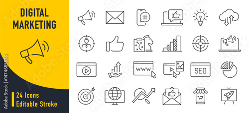 Digital Marketing web icon in line style. Social, networks, feedback, communication, marketing, content, analysis, ecommerce collection. Vector illustration.