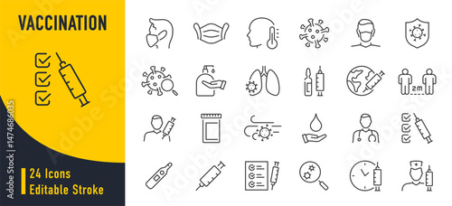 Vaccine and Vaccination web icons in line style. Medicine, vaccine dose, anti virus, doctor, virus, testing, lab, infographic collection. Vector illustration.