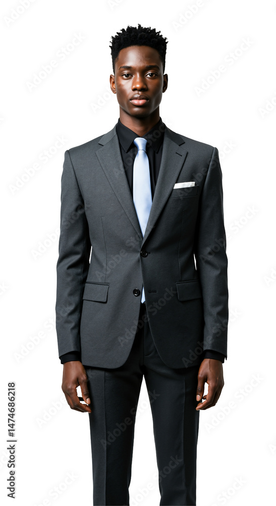 Portrait of a young African American man in a sharp grey suit, black shirt, and light blue tie, posing confidently against a solid transparent background Portrait of a young African American man in a sharp grey suit, black shirt, and light blue tie, posing confidently against a solid transparent background