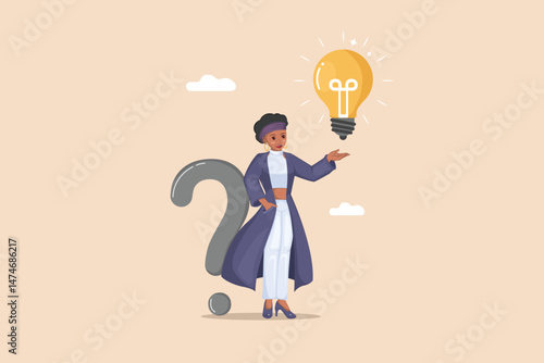 From Question to Idea Woman Presenting a Bright Light Bulb Emerging from a Large Question Mark, Symbolizing Problem Solving and Finding Solutions.