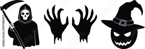 Halloween horror icons with grim reaper creepy hands witch hat and evil pumpkin black silhouettes scary character set for spooky season designs
