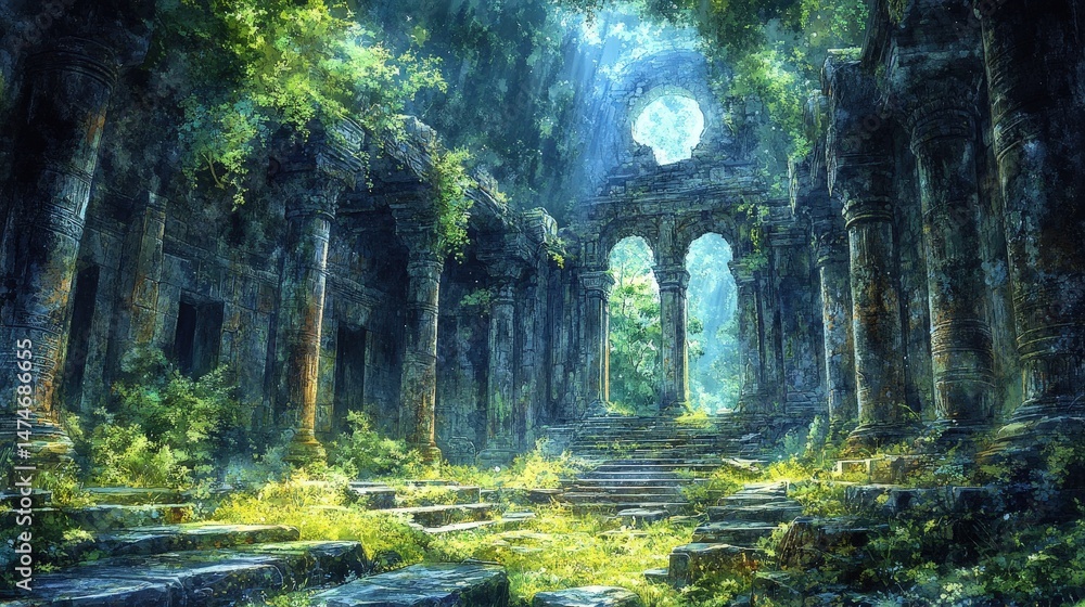 Ruined building hidden within a dense jungle surrounded by lush vegetation and tall trees Ruined building hidden within a dense jungle surrounded by lush vegetation and tall trees