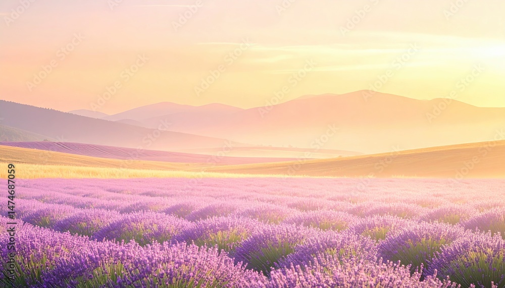 Obraz premium Lavender blooming fields at sunrise nature landscape serene environment panoramic view