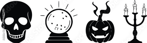 Mystical halloween quartet with skull crystal ball carved pumpkin and candelabra black silhouettes fortune telling and occult symbols design set