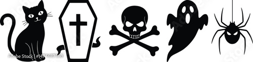 Classic halloween symbols row with black cat coffin skull crossbones ghost and spider silhouettes traditional spooky season icon collection set